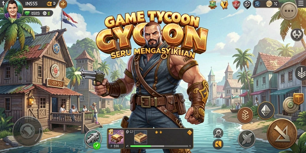 Tampilan gameplay <strong>INS55</strong> yang menampilkan manajemen bisnis yang mendalam.