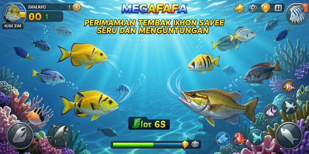 Screenshot gameplay MEGAFAFA menampilkan momen seru saat menembak ikan.