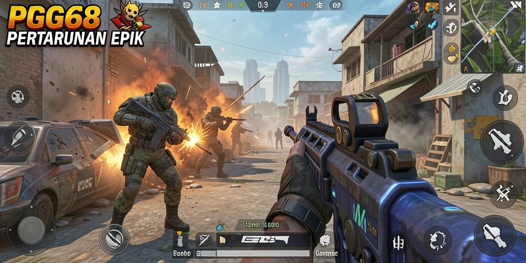 Tampilan intens gameplay PGG68 dalam pertempuran FPS.