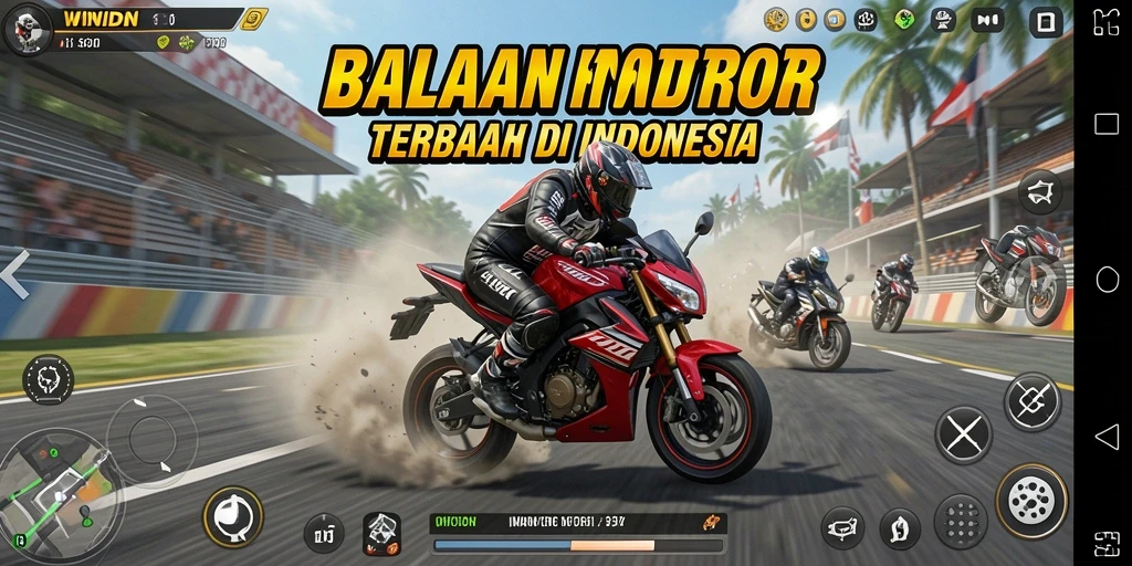 Tangkapan layar gameplay balapan motor yang mendebarkan.